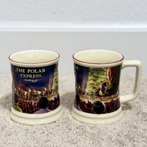 Polar Express Train Ride 3D Raised Mugs/Cups Ceramic Decorated Set of 2 NEW